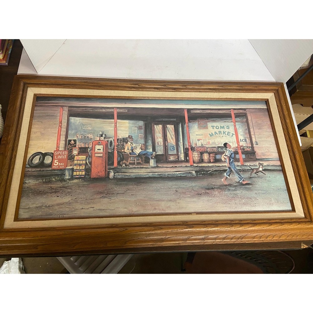 Vintage Genuine Framed Lithograph On Canvas Tom's Market Signed Joan Simpson